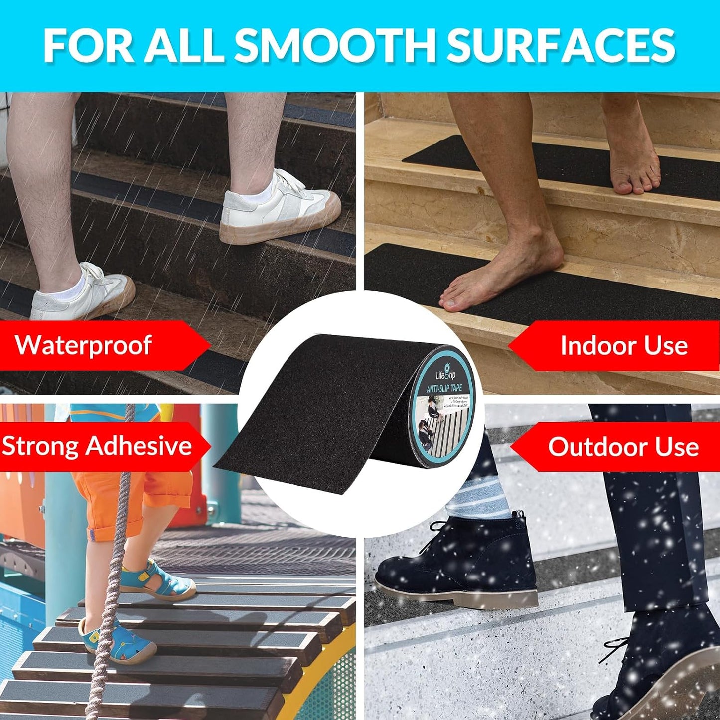 Lifegrip Anti Slip Tape, 4 Inch x 15 Foot Non-Slip Traction Grip Tape for Stairs, Waterproof Stair Treads Grip Non Slip, Non Skid Tape for Steps, Outdoor Black Grip Tape (4" X 15')
