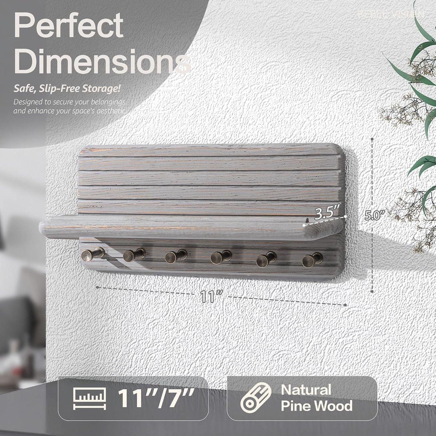 Rebee Vision Farmhouse Key Holder Wall Mount for Home Decor – Decorative Pine Wooden Key Holder for Wall with 6 Hooks & Floating Shelf - Rustic Charm for Room Decor Aesthetic (Brown)