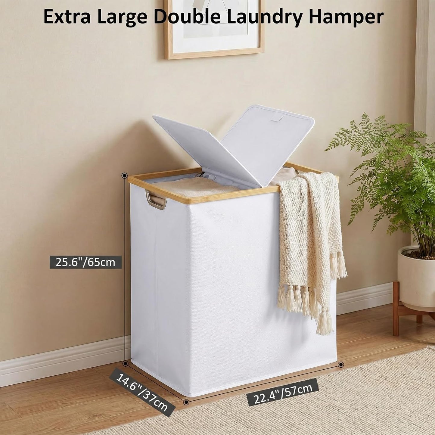efluky Laundry Hamper with Lid, Trio Laundry Basket with 2 Removable Bags, 3 Section Laundry Bin with Bamboo Handles for Bathroom, Bedroom & Laundry Room, 160L (42.3 Gallon) Beige