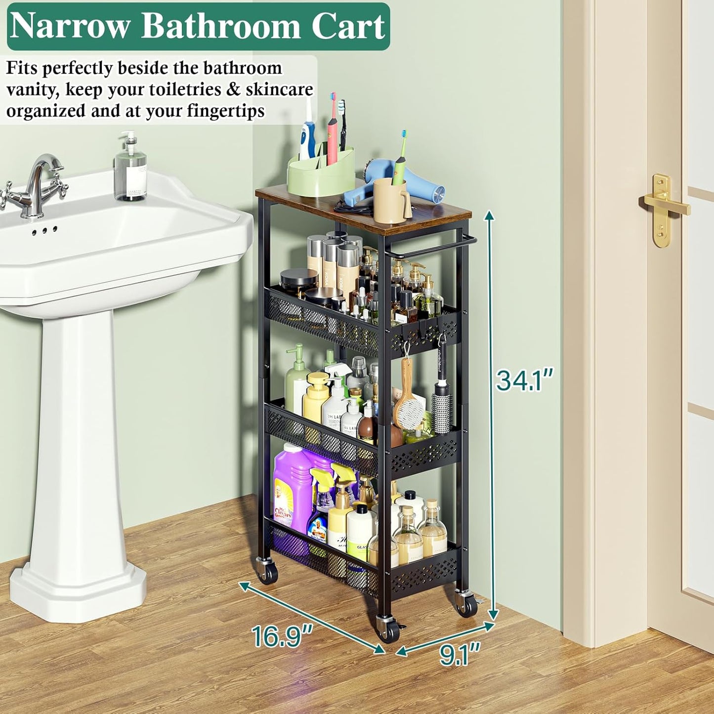 OKZEST Utility Slim Storage Cart, 4 Tier Small Rolling Kitchen Laundry Room Cart with Wood Top, Metal Narrow Bathroom Storage Cabinet Mobile Shelf Unit Organizer Trolley with Handle for Narrow Space