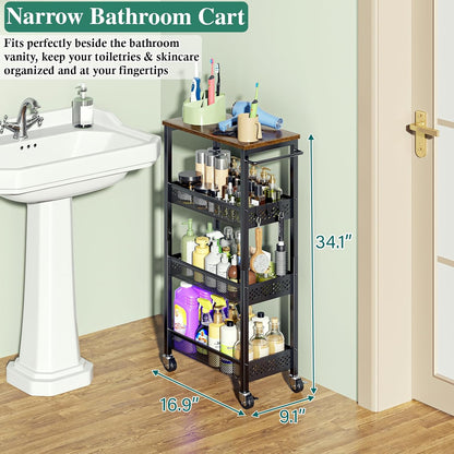 OKZEST Utility Slim Storage Cart, 4 Tier Small Rolling Kitchen Laundry Room Cart with Wood Top, Metal Narrow Bathroom Storage Cabinet Mobile Shelf Unit Organizer Trolley with Handle for Narrow Space