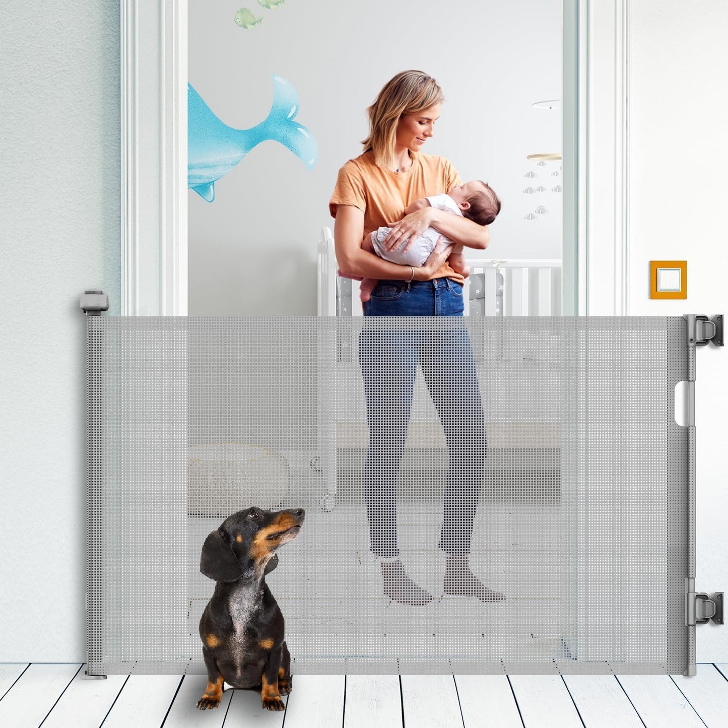 Upgraded Retractable Baby Gate for Stairs, 33"Tall Expands 71"Wide Ideal Safety Solution Dog Gate for Stairs Doorways Hallways Indoor Outdoor Mesh Baby Gate Retractable Screen Door(White,86CMx180CM)