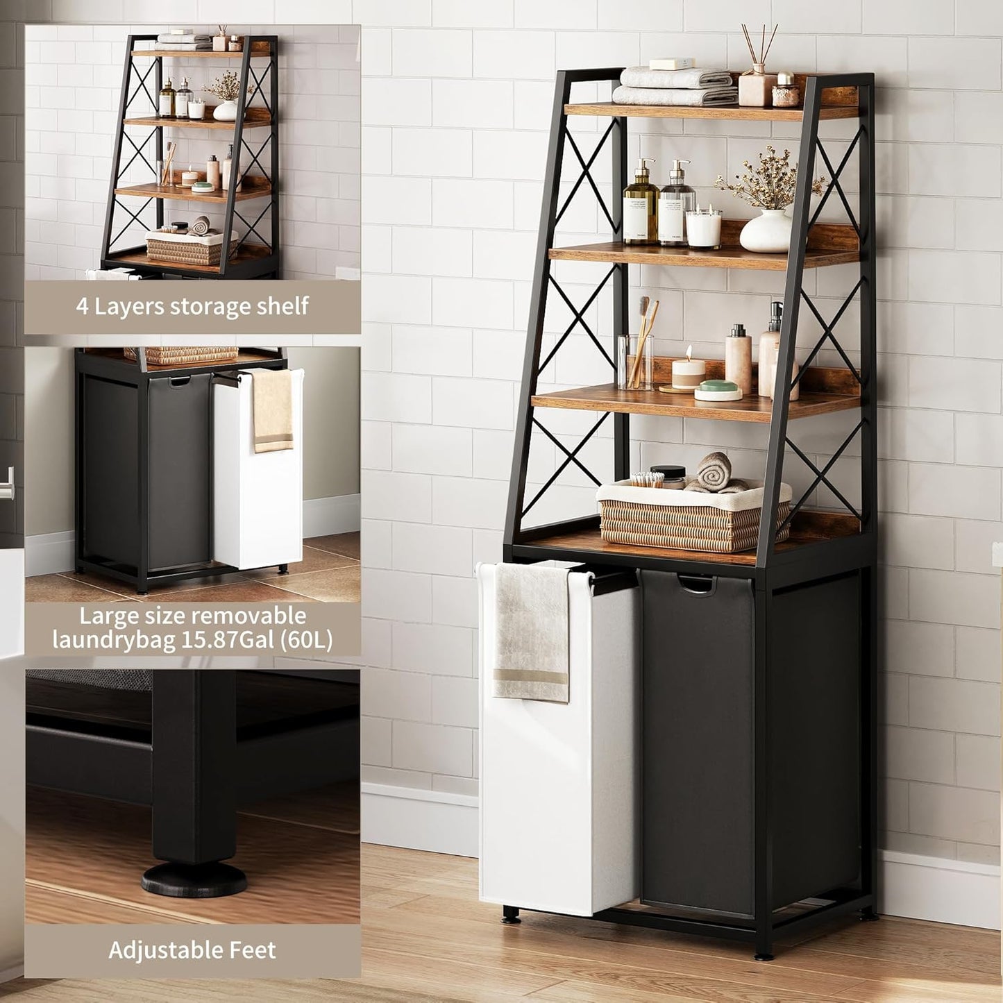 Herture Laundry Basket, 3 Section Laundry Hamper with 4 Tiers Shelf, Pull-Out and Removable Laundry Bags, Large 3 x 15.87 Gallons, for Laundry Room Bathroom Rustic Brown PF05XLN