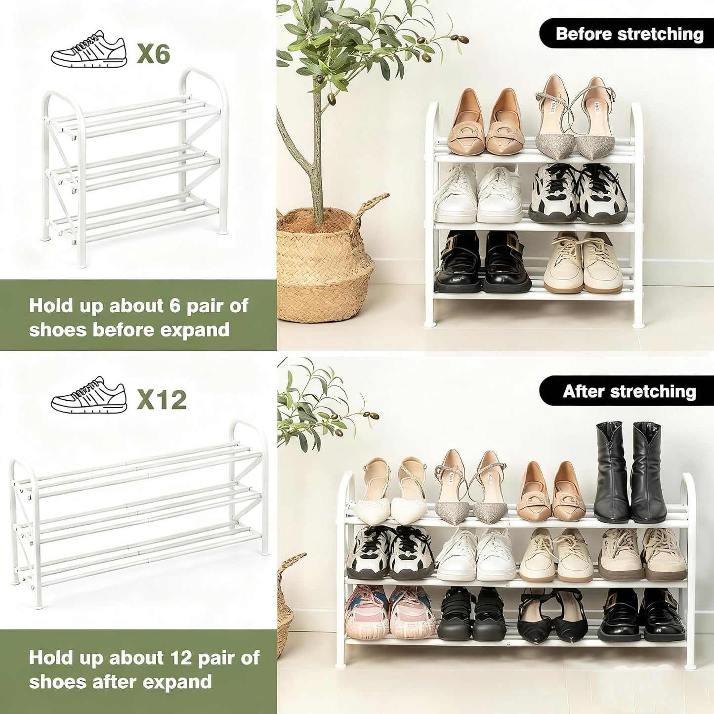 4-Tier Expandable Shoe Rack, Stackable and Adjustable Shoes Organizer Storage Shelf, Sturdy and Durable Metal Structure Free Standing Shoe Rack for Closet Entryway Doorway