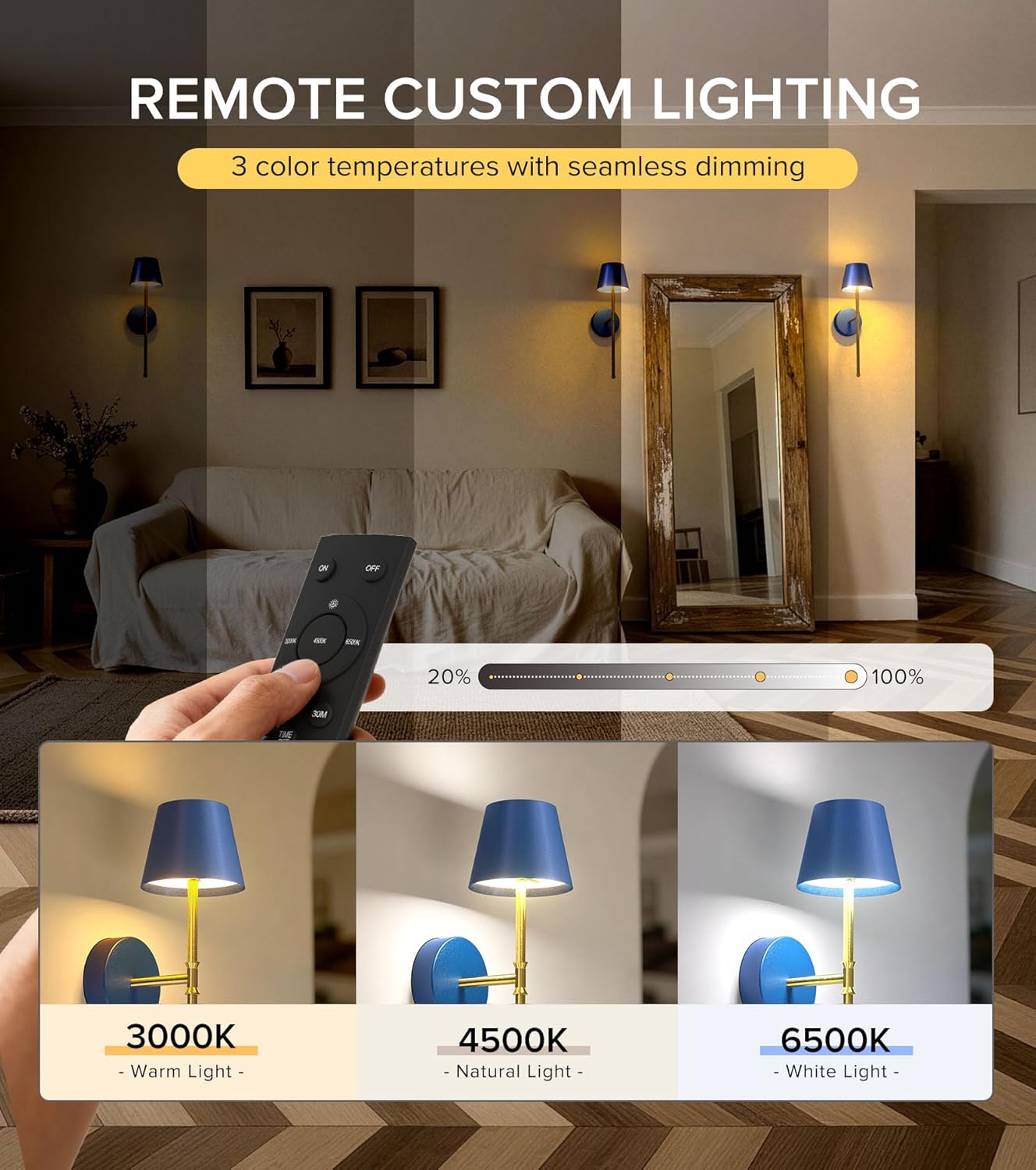 UME Wireless Sconces Set of 2 with Remote, 5200mAh Battery Powered Sconces - Small Rechargeable Sconces w/ 3 Color Temps & 5 Brightness Levels for Bedroom, Living Room, Wall Painting, Cafe (Black)