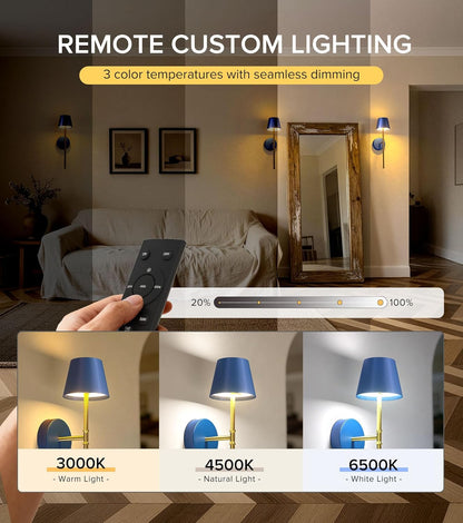 UME Wireless Sconces Set of 2 with Remote, 5200mAh Battery Powered Sconces - Small Rechargeable Sconces w/ 3 Color Temps & 5 Brightness Levels for Bedroom, Living Room, Wall Painting, Cafe (Black)