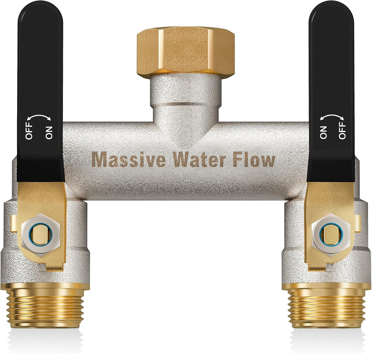 Hose Splitter 2 Way Heavy Duty, Garden Hose Splitter with 304 Stainless Steel Long Handle, Full Flow Brass Nickel Plated Water Hose T Spigot Splitter Adapter Connector, 3/4 - Inch GHT Thread (Blue)
