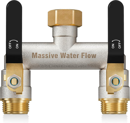 Hose Splitter 2 Way Heavy Duty, Garden Hose Splitter with 304 Stainless Steel Long Handle, Full Flow Brass Nickel Plated Water Hose T Spigot Splitter Adapter Connector, 3/4 - Inch GHT Thread (Blue)