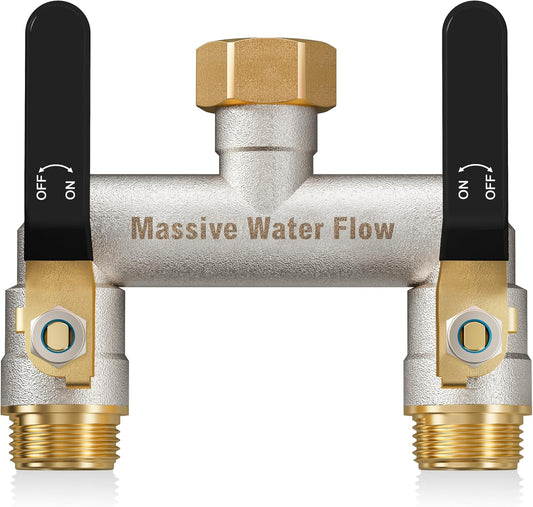 Hose Splitter 2 Way Heavy Duty, Garden Hose Splitter with 304 Stainless Steel Long Handle, Full Flow Brass Nickel Plated Water Hose T Spigot Splitter Adapter Connector, 3/4 - Inch GHT Thread (Blue)