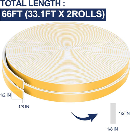 66Ft Foam Tapes Self Adhesive Foam Seal Strips 1/2In x 1/8In x 33.1Ft Each Roll Weatherstrips High Resilience Weather Stripping Door Seals for Door Soundproofing, Window Insulation (2R, White)
