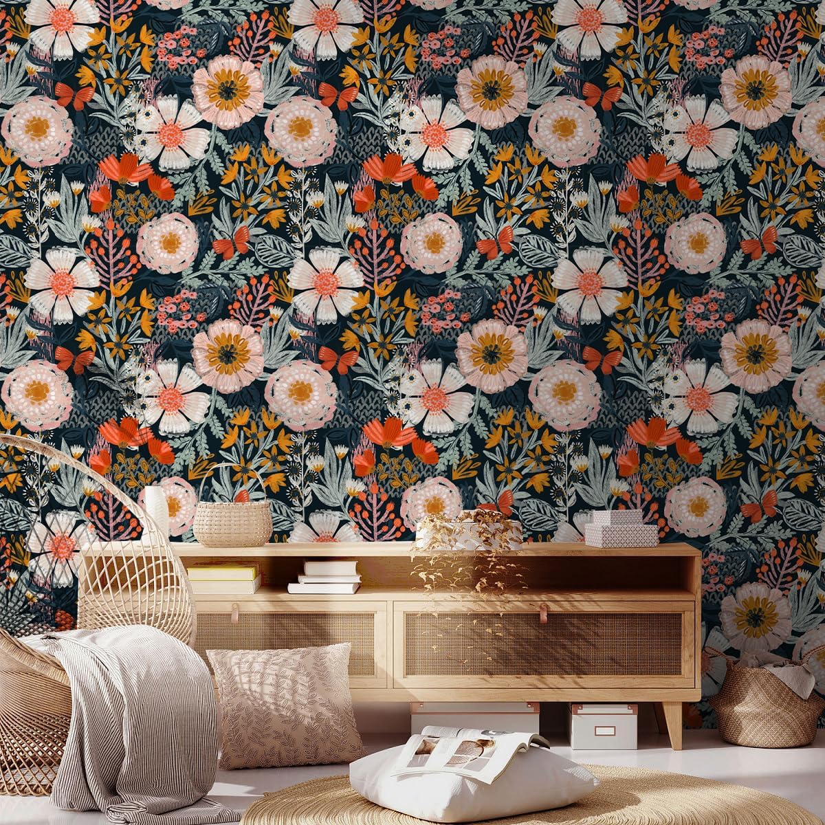 HAOKHOME Boho Peel and Stick Wallpaper Floral Wall Paper Removable for Bedroom Navy/Pink/Orange Contact Paper 17.7in x 9.8ft