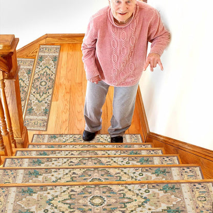 Stair Treads for Wooden Steps Indoor, 15 Pack 8" X 30" Non Slip Carpet Stair Treads with Reusable Adhesive for Kids Elders and Dogs, TPR Backing Stair Rugs Oriental Staircase Step Treads,Bohemia