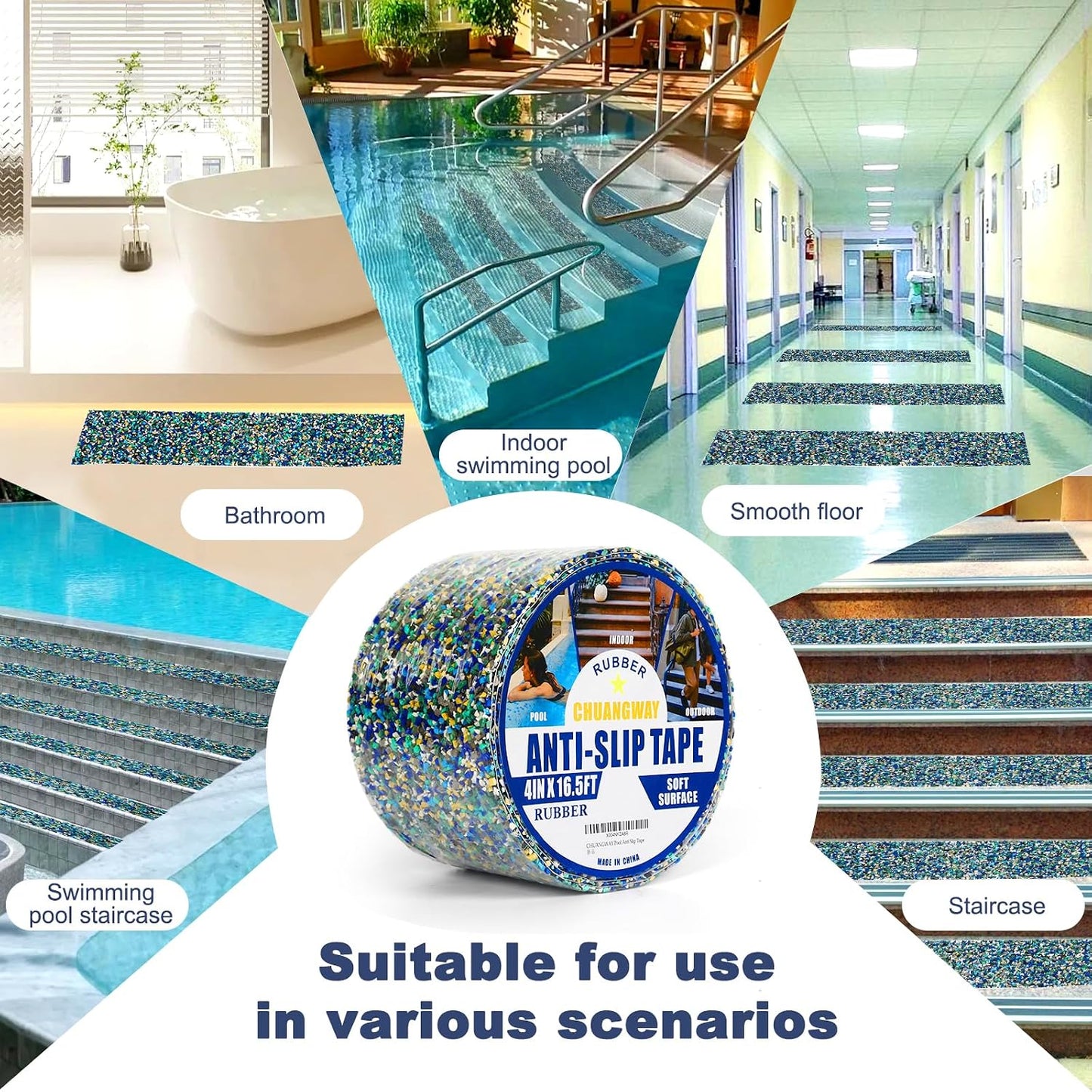 Pool Rubber Grip Tape, Anti Slip Tape 4Inch x 16.5Ft,Waterproof,Soft Satety Non-Slip Tape for Pool Stair Tread Traction,Tub,Boats,Trail,Outdoor and Indoor Use (4inch x 16.5feet)