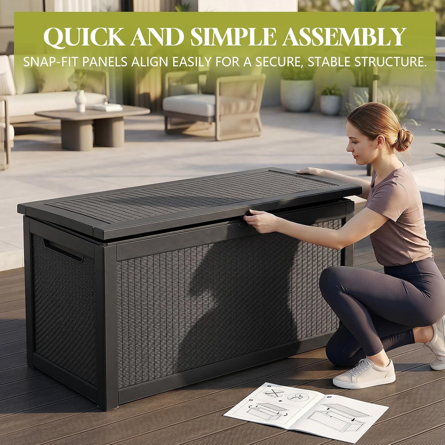 Waterproof Outdoor Storage Box Outside Deck Box Lockable Resin Bench UV Resistant Furniture Cushion Pool Tool Float Bin Patio Garden Porch (Black, 120 Gallon)