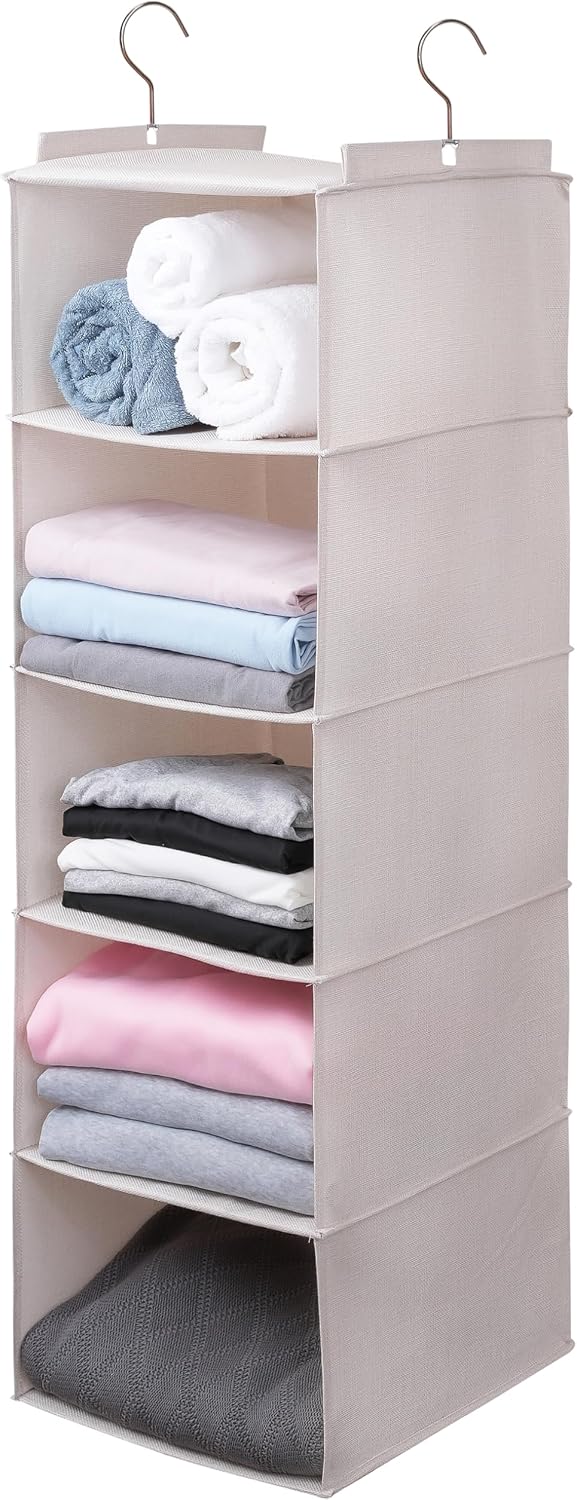 Large Hanging Sweater Organizer for Closet,Collapsible 6-Shelf Hanging Closet Shelves with Drawers, Washable (Grey-6 Shelf)