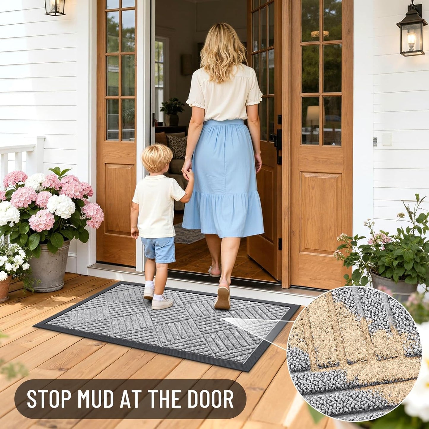 OLANLY Front Door Mat Outside Entrance 29.5x17, Absorbent, Heavy Duty Sturdy Natural Rubber Doormat Indoor Outdoor, Stain and Fade Resistant, Non-Slip Low Profile Floor Mat for Entryway, Grey Diamond