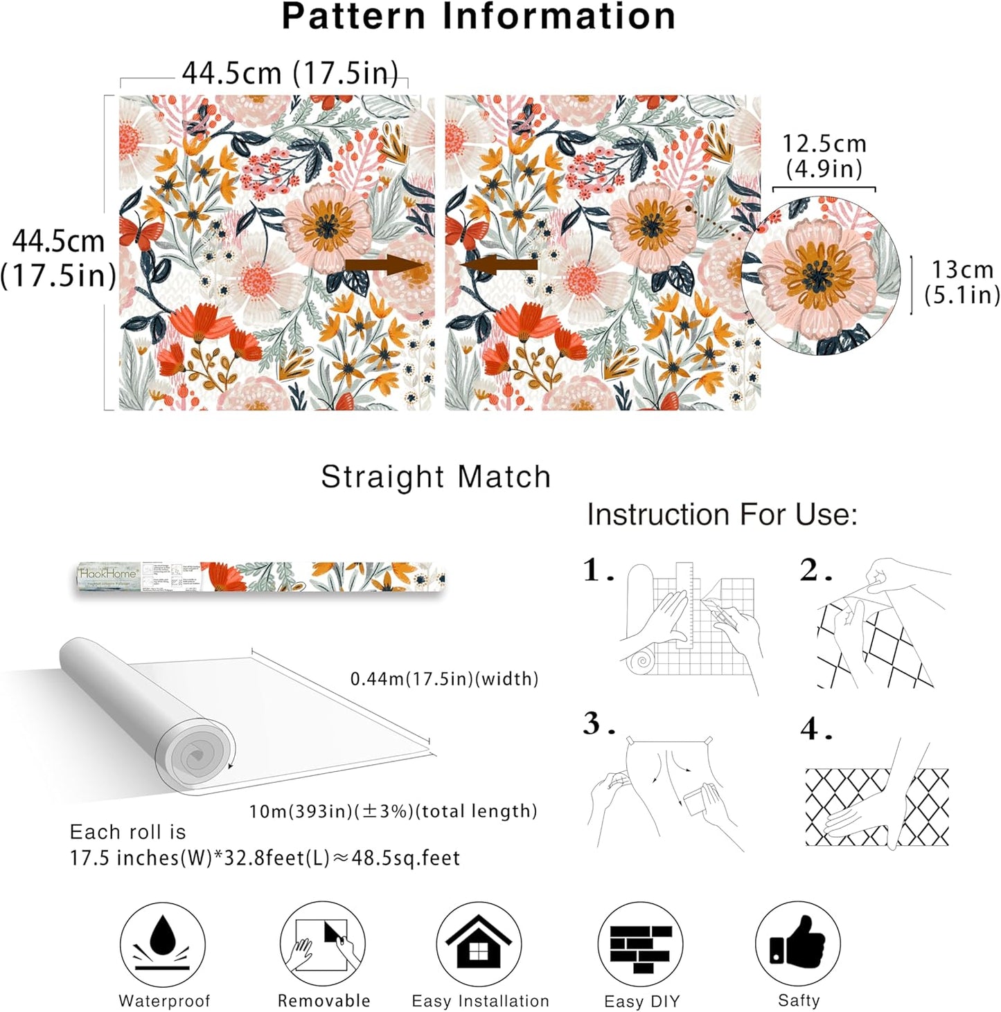 HAOKHOME Boho Peel and Stick Wallpaper Floral Wall Paper Removable for Bedroom Navy/Pink/Orange Contact Paper 17.7in x 9.8ft