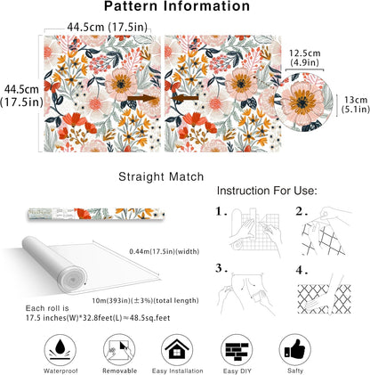 HAOKHOME Boho Peel and Stick Wallpaper Floral Wall Paper Removable for Bedroom Navy/Pink/Orange Contact Paper 17.7in x 9.8ft