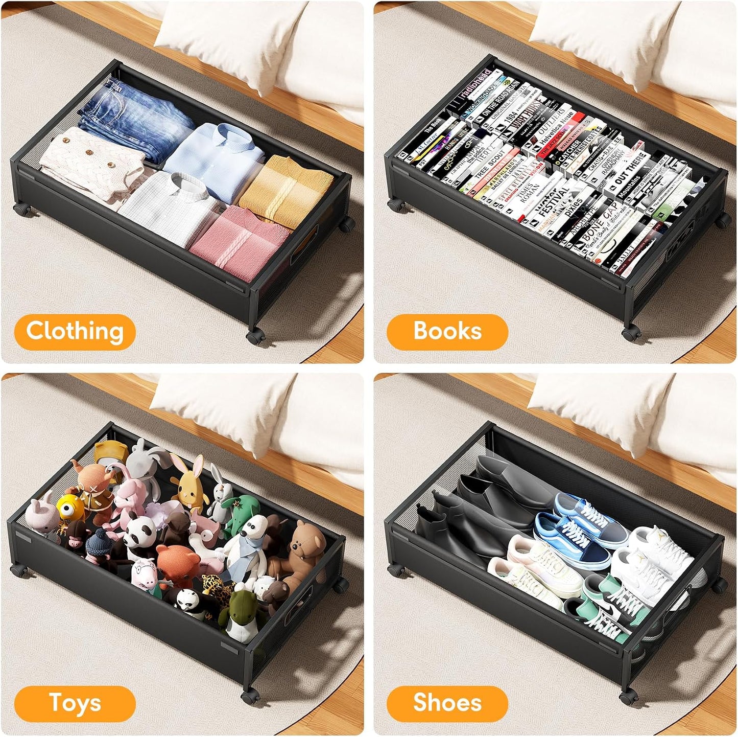Under Bed Storage Containers with Wheels 2 Pack Underbed Shoe Storage Bedroom Storage Bins Organizer Large Capacity Under Bed Storage with Lid for Clothes Shoes Toys Blankets (Black)