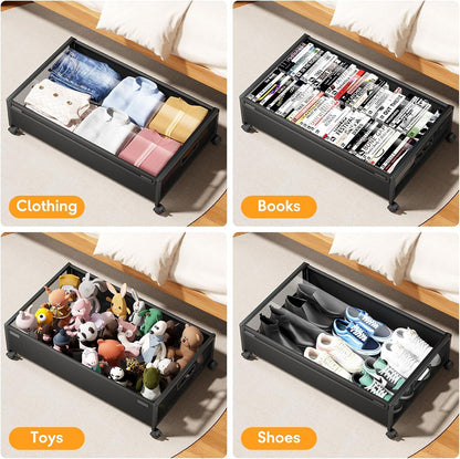 Under Bed Storage Containers with Wheels 2 Pack Underbed Shoe Storage Bedroom Storage Bins Organizer Large Capacity Under Bed Storage with Lid for Clothes Shoes Toys Blankets (Black)