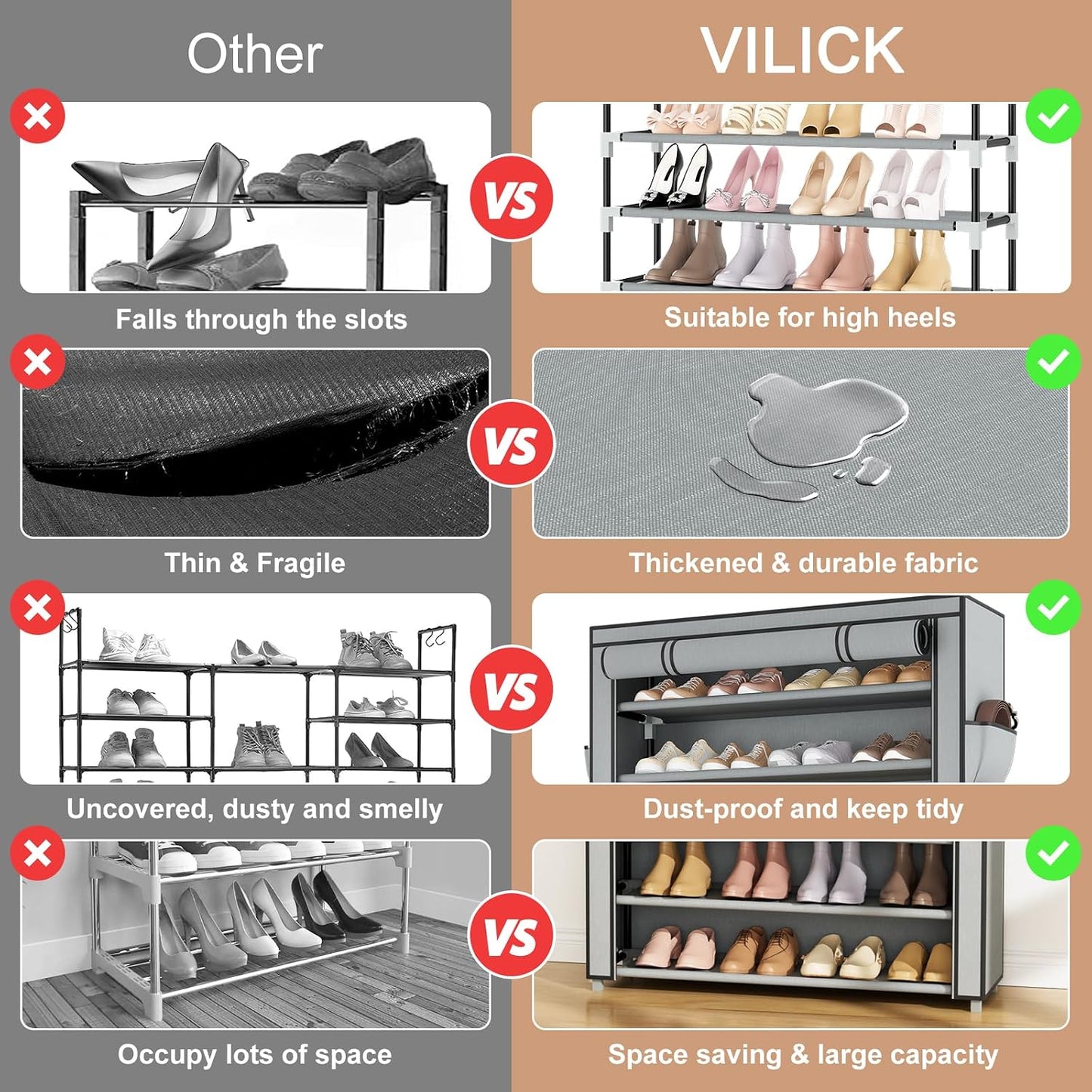 VILICK Shoe Rack with Cover Narrow Shoe Organizer with 4 Side Pockets 10 Tier Tall Shoe Storage Holds 18-22 Pairs Shoes and Boots Shoe Rack for Closet Entryway Garage