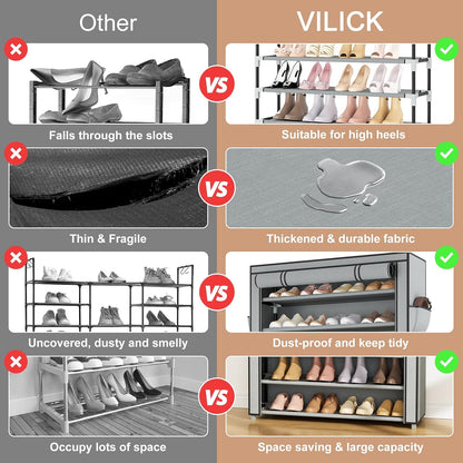 VILICK Shoe Rack with Cover Narrow Shoe Organizer with 4 Side Pockets 10 Tier Tall Shoe Storage Holds 18-22 Pairs Shoes and Boots Shoe Rack for Closet Entryway Garage