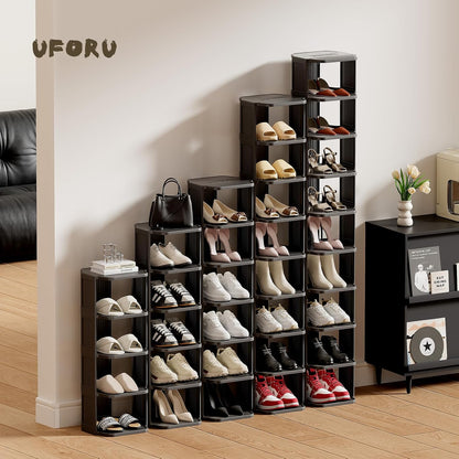 UFORU Small Shoe Rack, 5 Tier Plastic Vertical Shoe Rack for Small and Narrow Spaces, Free Standing Shoe Organizer for Closet, Entryway