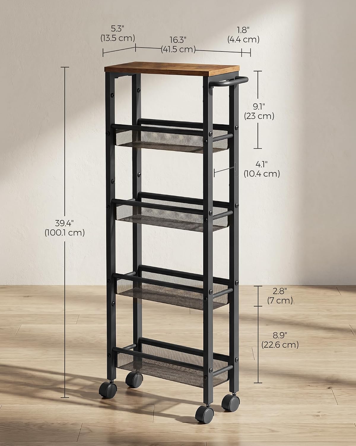 SONGMICS HOME Slim Rolling Cart, 4-Tier Storage Cart with Wheels and Handle, Narrow Utility Cart for Kitchen, Living Room, Brown and Black