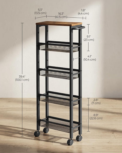 SONGMICS HOME Slim Rolling Cart, 4-Tier Storage Cart with Wheels and Handle, Narrow Utility Cart for Kitchen, Living Room, Brown and Black