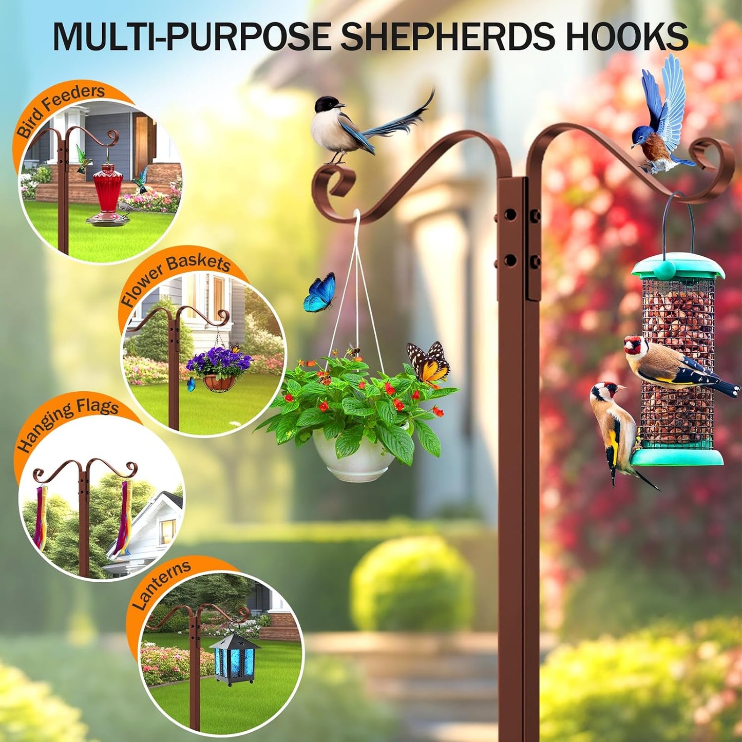Garden Hose Holder for Outside - Upgraded Water Hose Holders with 5 Spikes & 2 Shepherds Hooks, Freestanding Hose Stand Heavy Duty Hose Hanger Hose Storage Hose Reel Rack for Outside Yard Lawn