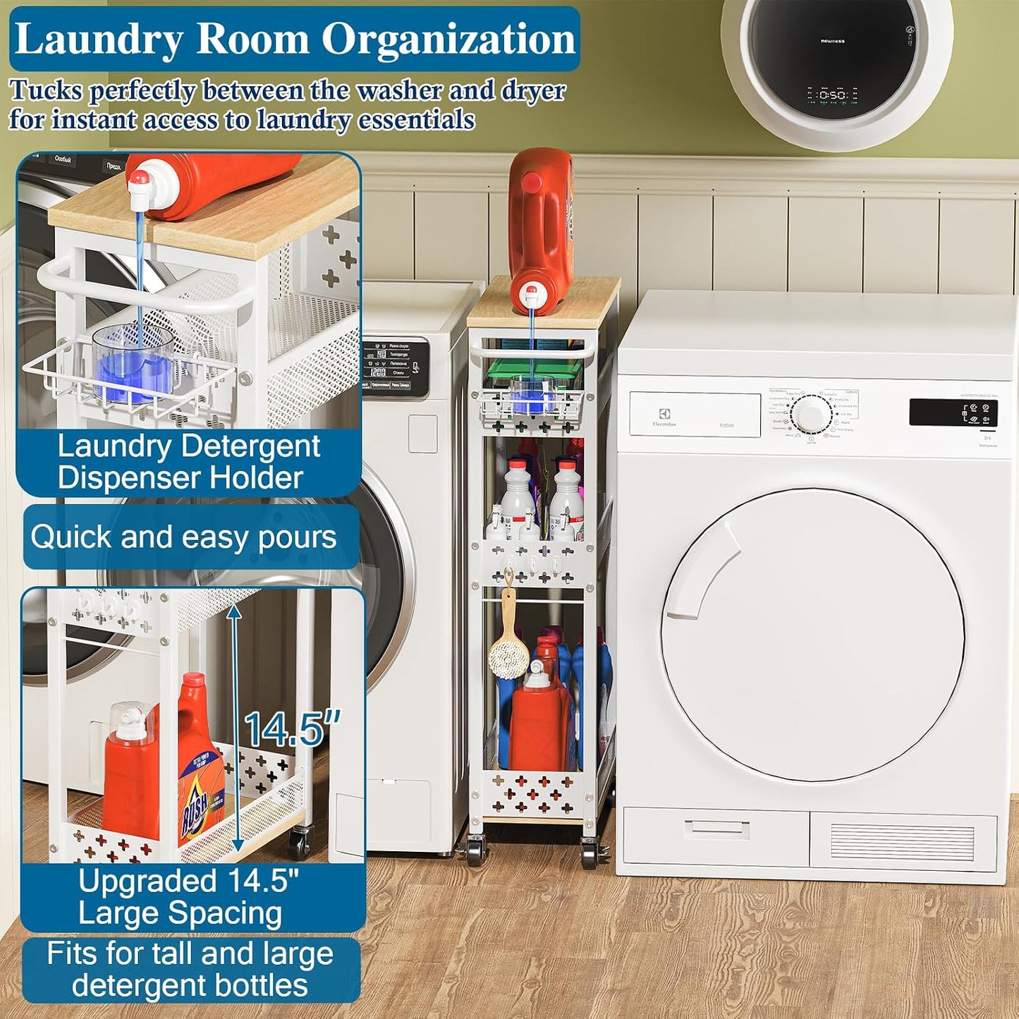 OKZEST Slim Laundry Room Organization Cart with Detergent Dispenser Holder | 4-Tier narrow rolling cart for small space, Holds tall bottles, Upgraded metal hub casters, Premium wood & metal mesh shelves