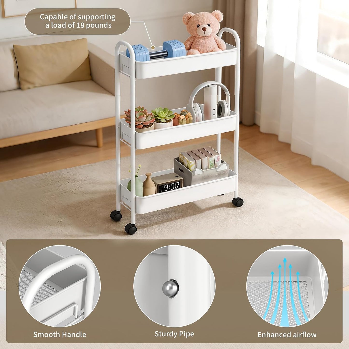 Slim Rolling Cart, Metal Frame Utility Rolling 3-Tier Narrow Storage Cart with Handle Kitchen Storage Organizer, Mobile Shelving Unit for Bathroom Kitchen