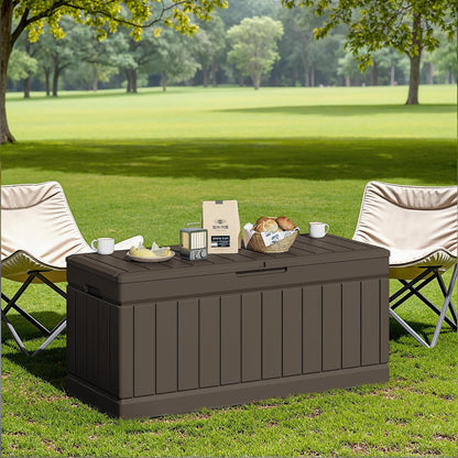 JUMMICO 31 Gallon Resin Deck Box Waterproof Indoor Outdoor Storage Boxes for Patio Furniture Cushions and Garden Tools (Brown)