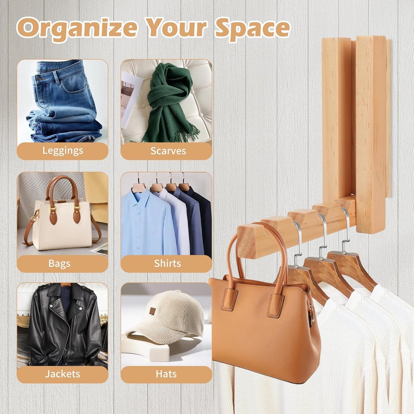 2 Pack Wall Mounted Clothes Drying Rack, Foldable Wooden Laundry Drying Rack Wall Mount, Magnetic Clothes Hanger Rack for Laundry Room, Bathroom, Closet Organization, Space Saving Storage