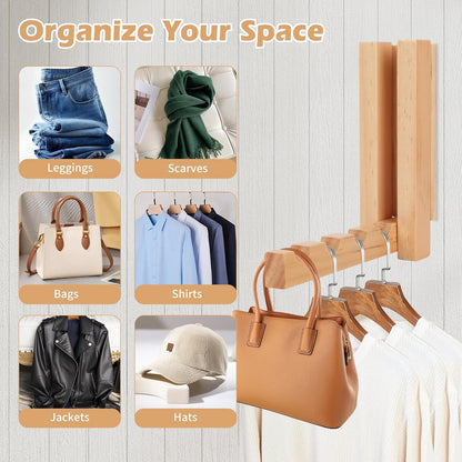 2 Pack Wall Mounted Clothes Drying Rack, Foldable Wooden Laundry Drying Rack Wall Mount, Magnetic Clothes Hanger Rack for Laundry Room, Bathroom, Closet Organization, Space Saving Storage
