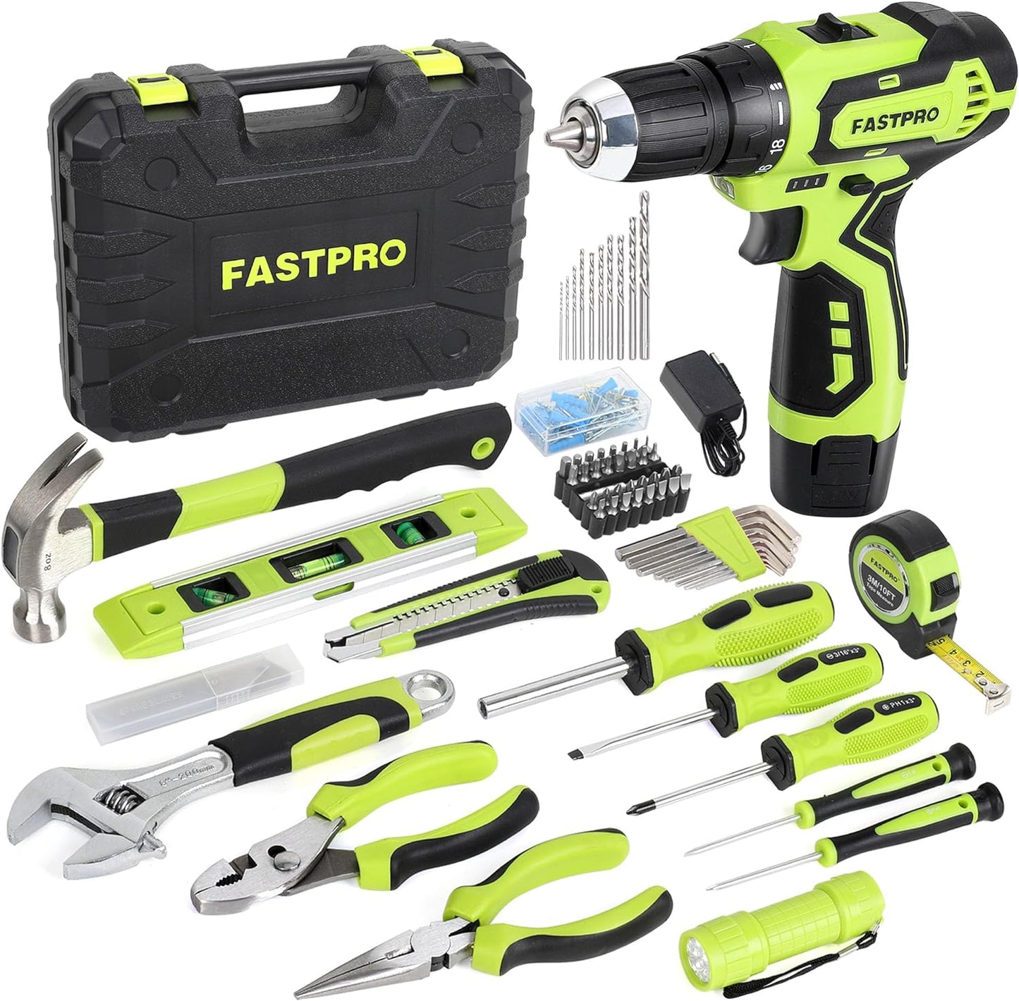 FASTPRO 160-Piece Home Tool kit with Drill, 12V Cordless Drill Driver and Household Repairing Tool Set with Storage Case, For DIY, Home Maintenance, Green