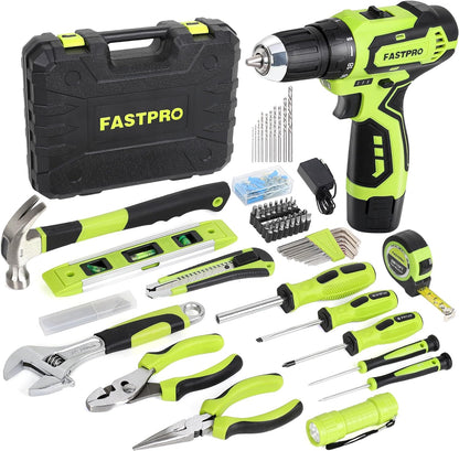 FASTPRO 160-Piece Home Tool kit with Drill, 12V Cordless Drill Driver and Household Repairing Tool Set with Storage Case, For DIY, Home Maintenance, Green