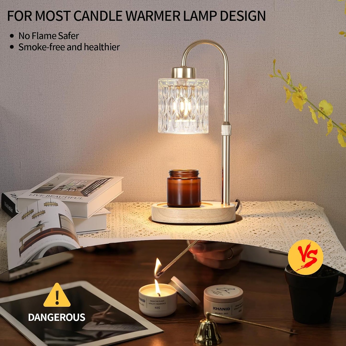 MEIXISUE Candle Warmer Lamp with Timer and Dimmer,Electric Gold Light Gifts for Women Melt Wax Warmer Lamp with 2 Bulbs for Candle Jars House Warming New Home Decor Bedroom