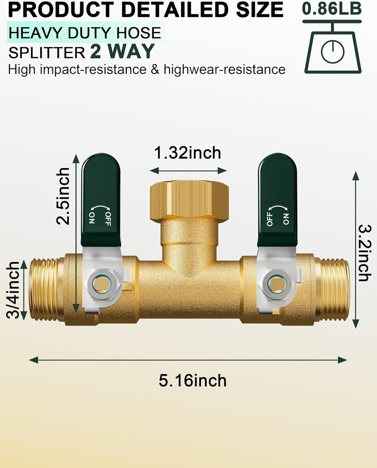 EBH Garden Hose Splitter 2 Way, Heavy Duty Solid Brass Hose Splitter with Shutoff Valves, Water Spigot Splitter With 304 Stainless Steel Handle, Full Flow Outdoor Faucet Splitter, 3/4" GHT Thread