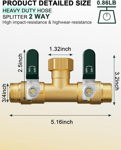EBH Garden Hose Splitter 2 Way, Heavy Duty Solid Brass Hose Splitter with Shutoff Valves, Water Spigot Splitter With 304 Stainless Steel Handle, Full Flow Outdoor Faucet Splitter, 3/4" GHT Thread