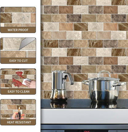 10 Sheets Peel and Stick Backsplash for Kitchen 12"X12" Renter Friendly Backsplash Back Splash Adhesive Subway Wall Tile Flat Vinyl Sticker for Bathroom Brown Marble (Not 3D Tile)
