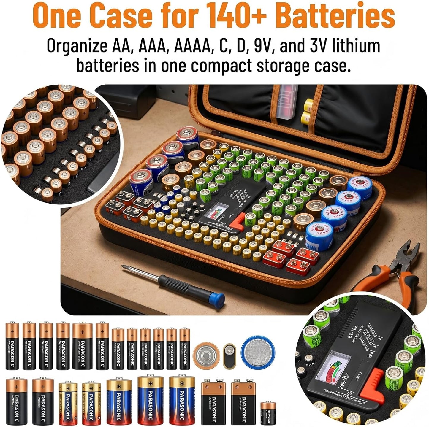 Comecase Battery Storage Case with Tester, Holds 148+ AA AAA C D 9V, Black | Hard-Shell Design, Carry Handle and Custom Foam Slots Keep Batteries Visible, Separated and Ready for Home, Garage or Office