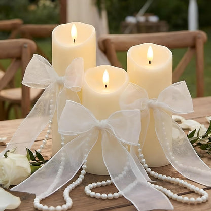VIHOSE 3 Set/10 Pcs Pearl Bow Flameless Candles with Remote, Ivory LED Pillar Candle Set with Pearl Chain Organza Ribbon, Flameless Flickering Candles for Wedding Bridal Shower Church Decoration