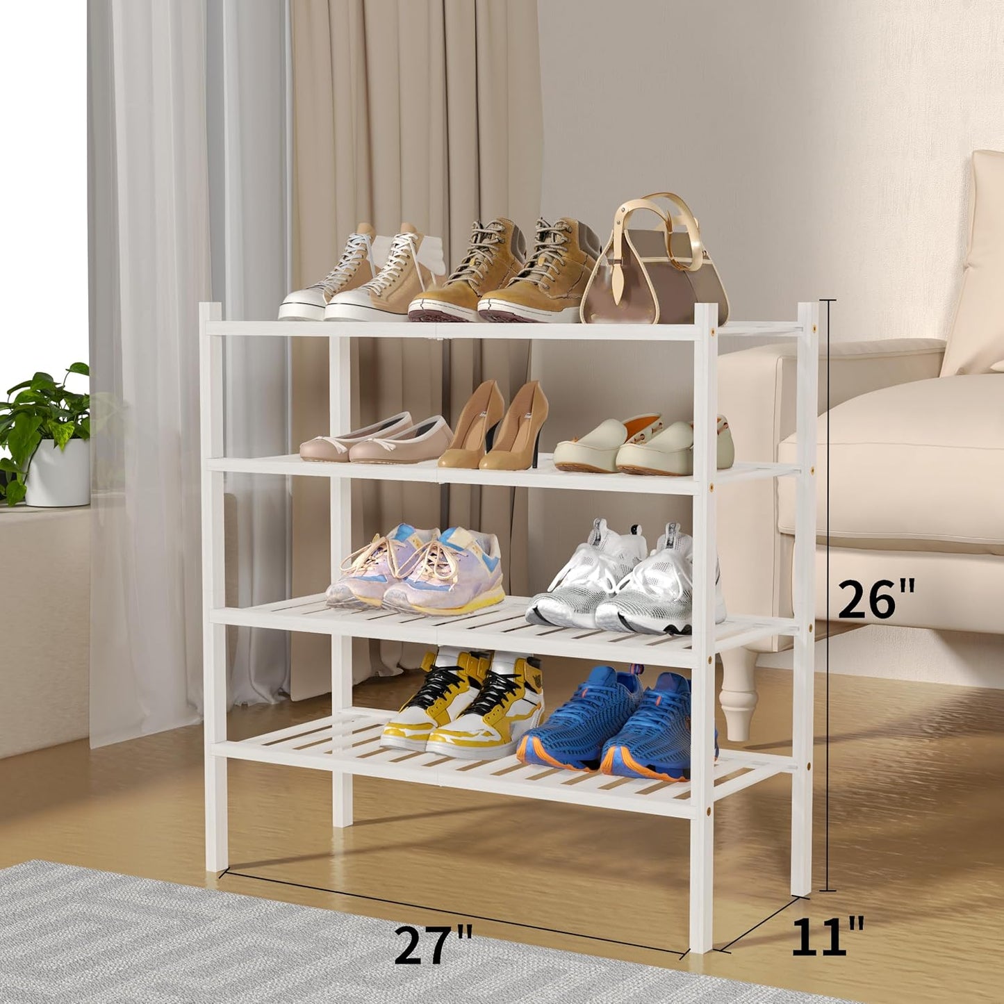 ROMGUAR CRAFT 3 Tier Bamboo Shoe Rack for Closet Free Standing Wood Shoe Shelf Storage Organizer for Entryway Small Space Stackable 27"x11"x20" (Natural)