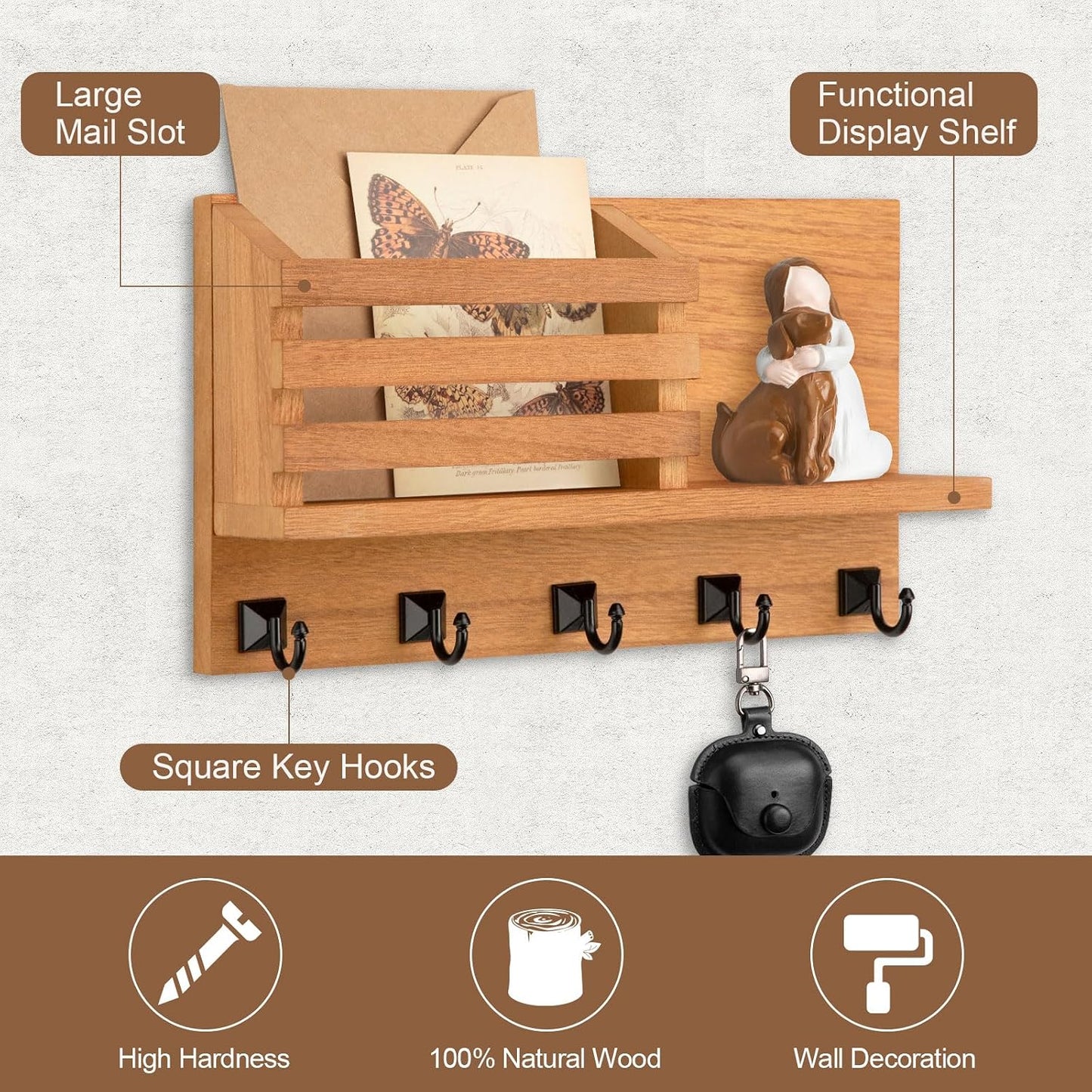 Key Holder Wall Mount, Mail Organizer for Wall with 5 Square Rustic Key Hooks Key Shelf Farmhouse Home Decor for Entryway