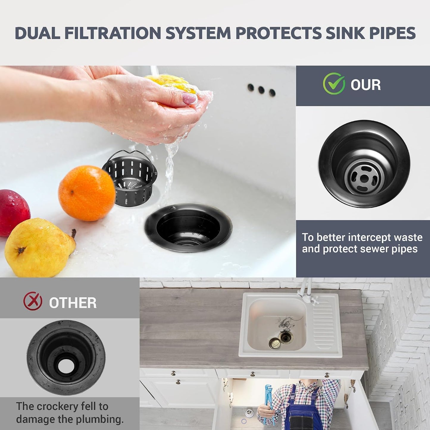 BOTEMY Kitchen Sink Drain Assembly with Removable Deep Basket Strainer, Anti-Clog Sink Drain Kit, Stainless Steel & ABS, Easy Clean Lift-Out Strainer, Fits Standard 3-1/2 Kitchen Sinks - Brushed