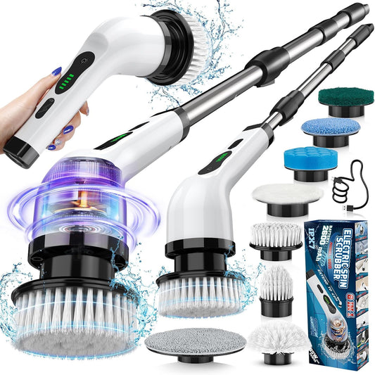 Electric Spin Scrubber, IPX7 Cordless Power Cleaning Brush, Dual Speed Electric Shower Scrubber with 8 Brush Heads, USB-C Charging and Retractable Handle for Tile & Bathtub