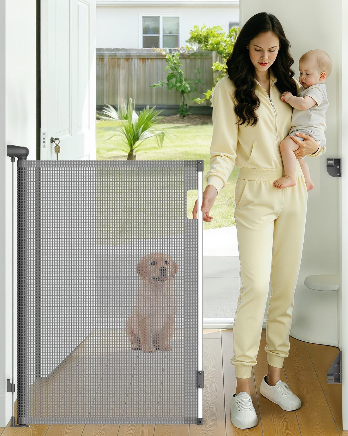 Retractable Baby Gate, 38" Extra Tall Mesh Dog Gate with Auto-Tension Design, 71" Wide One-Hand Operation Doorway Gates for Pets & Babies, No Bottom Rail Safety Gate for Hallways, Black
