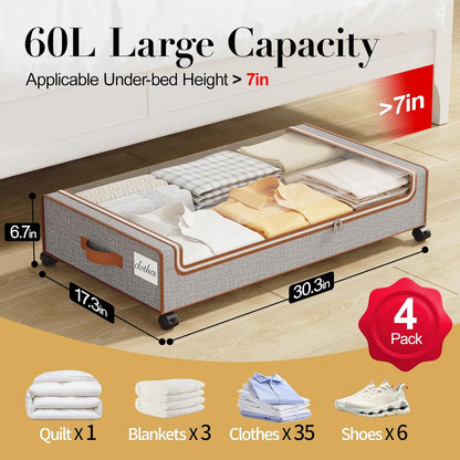 Yecaye Under Bed Storage with Wheels, 2 Pack Under the Bed Storage Containers with Lids & Label, XXL 60L Rolling Underbed Storage Drawers for Clothes, Blankets, Shoes, Black