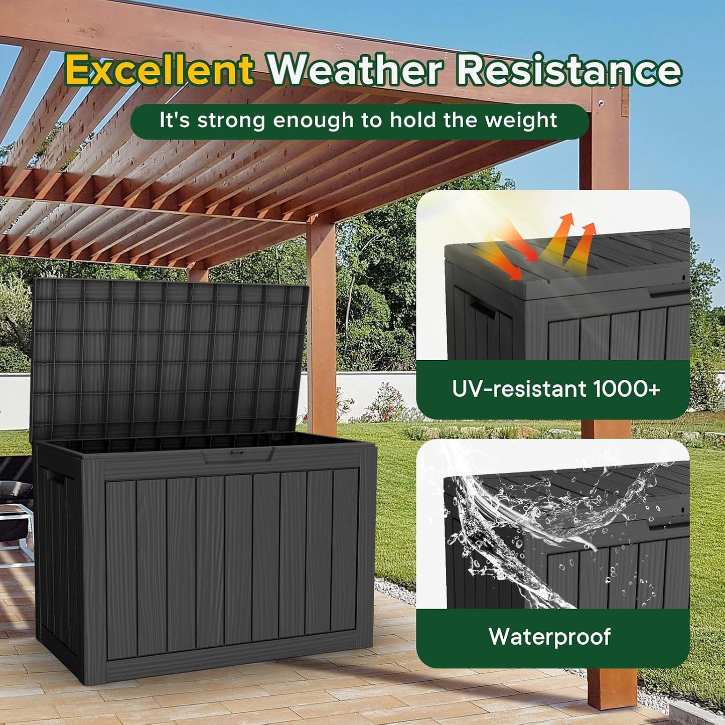 125Gal Outdoor Storage Box, Lockable Deck Box with Hydraulic Lid | Waterproof UV-resistant, Durable outdoor bin for patio cushions, pool accessories & garden tools. Keeps contents secure & dry